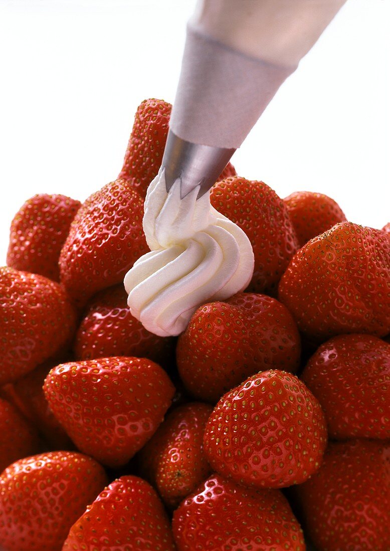 Sahne wird mittels Tülle auf Erdbeeren gespritzt
