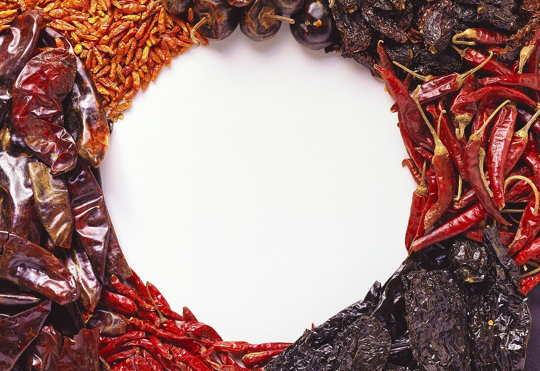 Various dried chillies laid around the edge of the picture