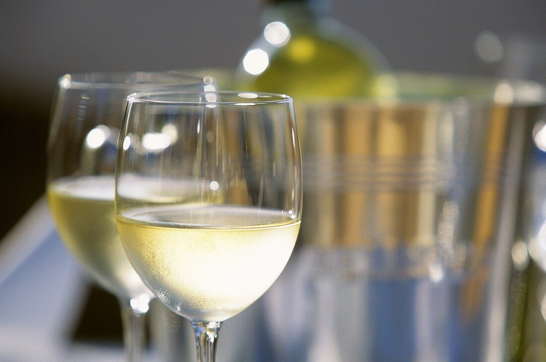 Zwei Gläser Weißwein auf Tisch vor Weinkühler (Ausschnitt)