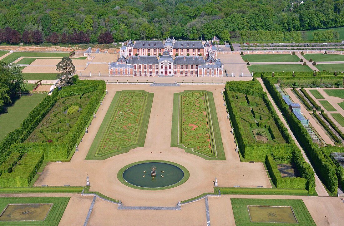 France, Eure, Le Neubourg, castle of the Champ de Bataille, the castle of the XVIIth century renovated by the decorator Jacques Garcia, gardens are certified remarkable Garden (aerial view)