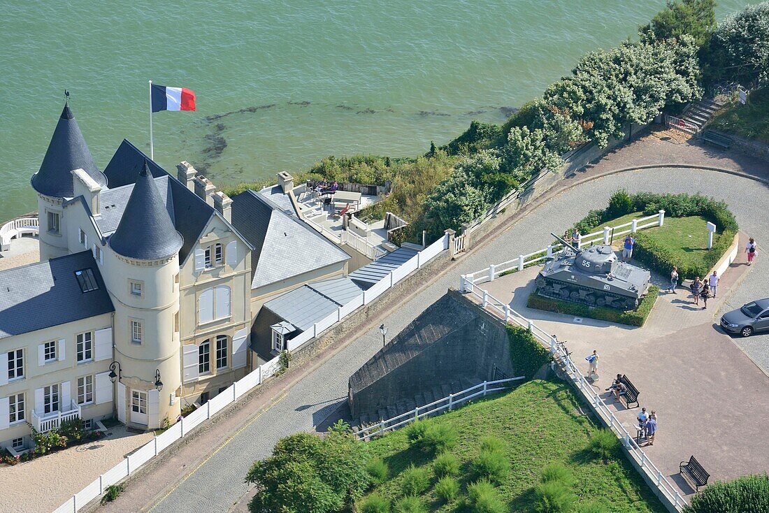 France, Calvados, Arromanches les Bains, Sherman French tank (aerial view)