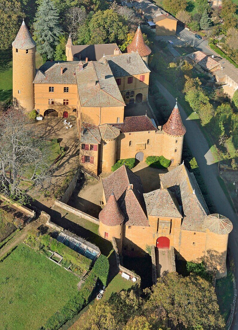 France, Rhone, Beaujolais, Les Pierres Dorees, Jarnioux, the castle (aerial view)