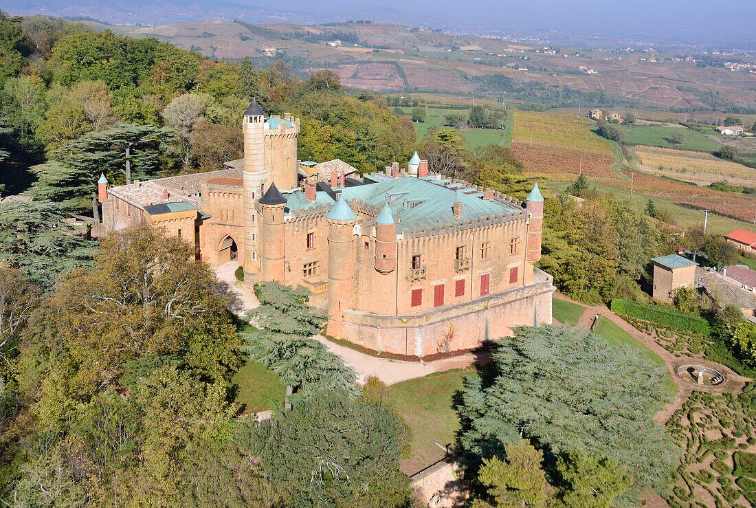 France, Rhone, Beaujolais region, the wine producing castle of Montmelas Saint Sorlin (aerial view)