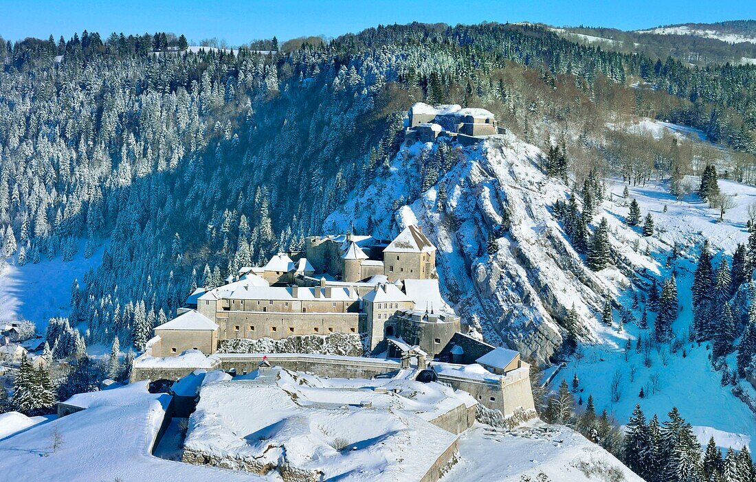 Frankreich, Doubs, La Cluse et Mijoux, die Festung von Joux (Luftaufnahme)