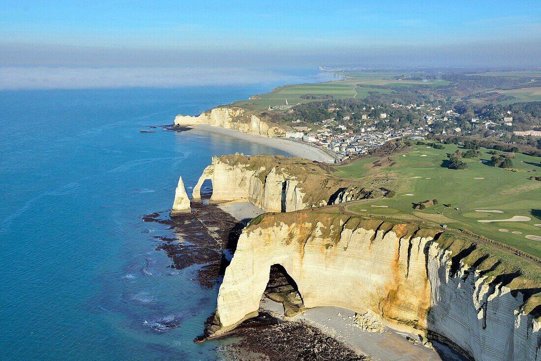 France, Seine Maritime, Etretat, Cote d'albatre, Aval cliff (aerial view)