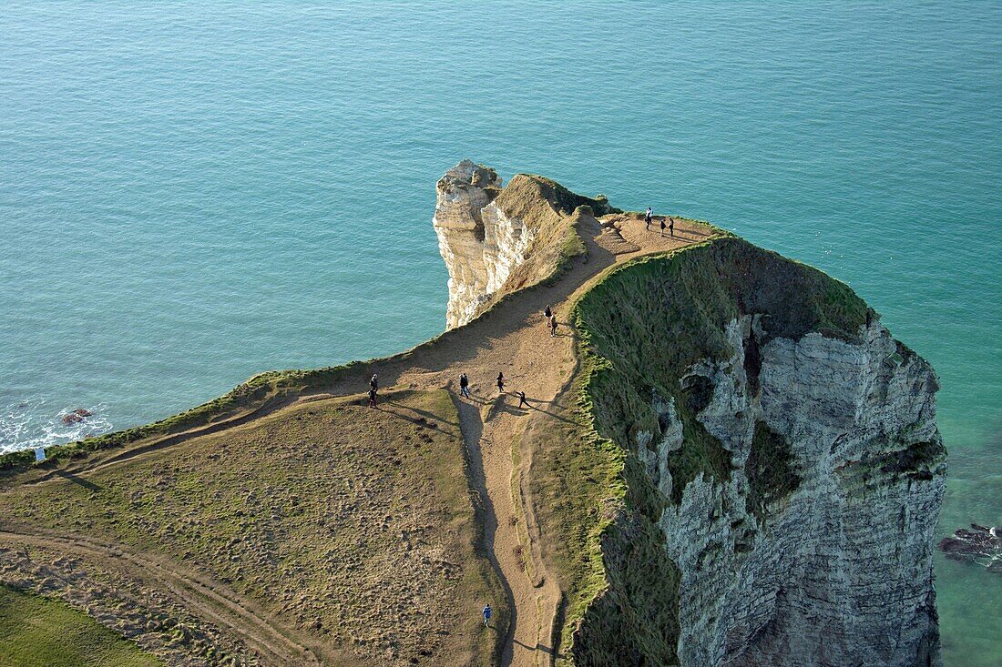 France, Seine Maritime, Etretat, Cote d'albatre, Aval cliff, la Manneporte (aerial view)