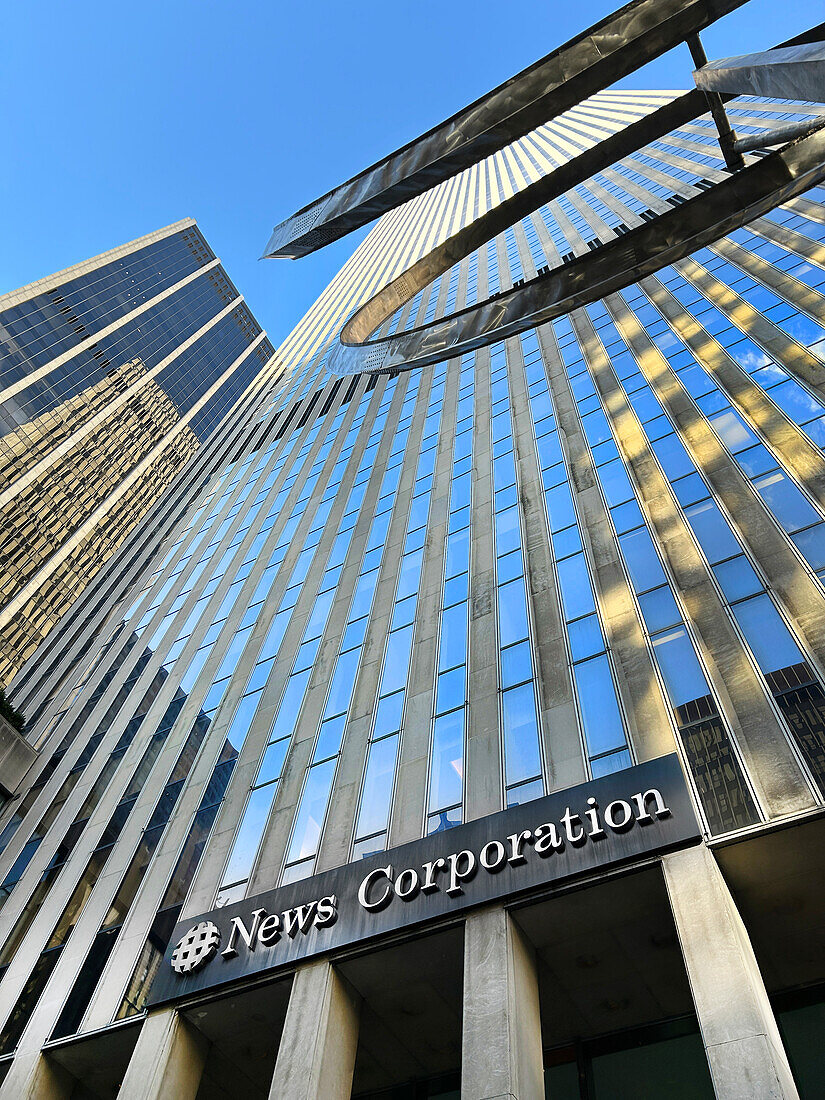 Low angle view of News Corp headquarters, 1211 Avenue of the Americas, New York City, New York, USA