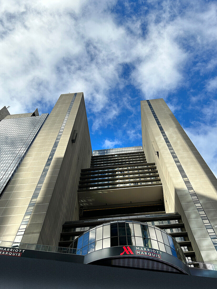 Low angle view of Marriot Marquis Hotel, Times Square, New York City, New York, USA