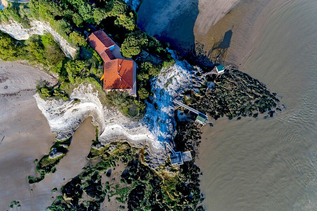 France, Charente-Maritime, Saintonge, Cote de Beaute, Gironde estuary, Meschers-sur-Gironde, cliffs and troglodyte dwellings (aerial view) (aerial view)