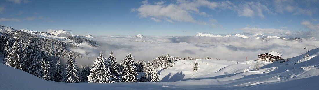 France, Haute Savoie, Massif Chablais, Samoens, Grand Massif, panoramic view from the Saix plateau to Samoens 1600