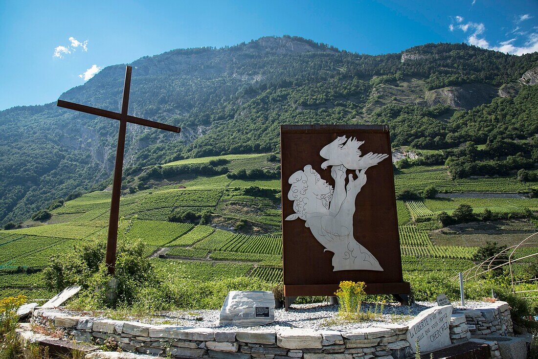 Switzerland, Valais, Saillon, the vineyard to Farinet, (small colorful local character) the smallest vineyard of the world is maintained by world celebrities