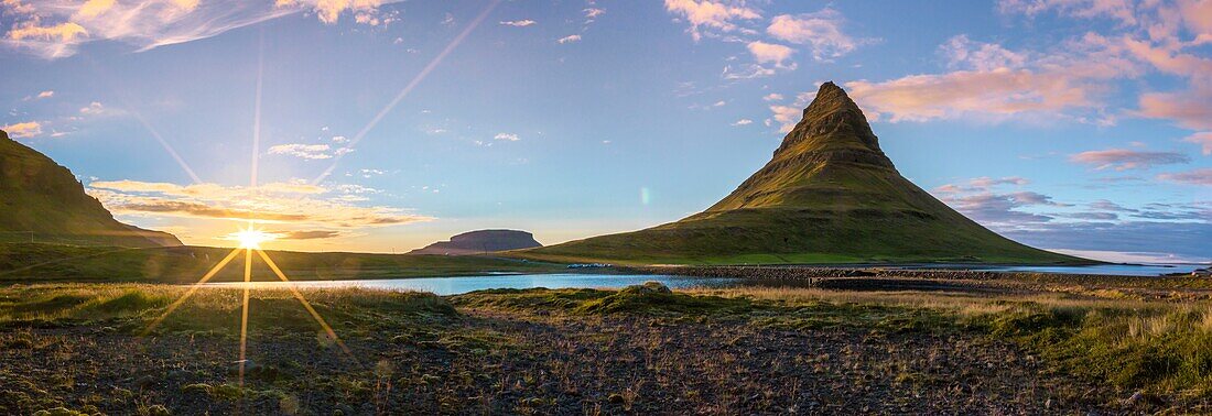 Iceland, Western Region, Grundafjordur, Kirkjufell at sunset