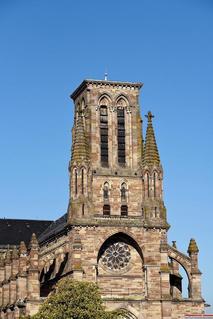 France, Moselle, Phalsbourg, Place d Armes, Notre Dame de l Assomption church from 1876, tower