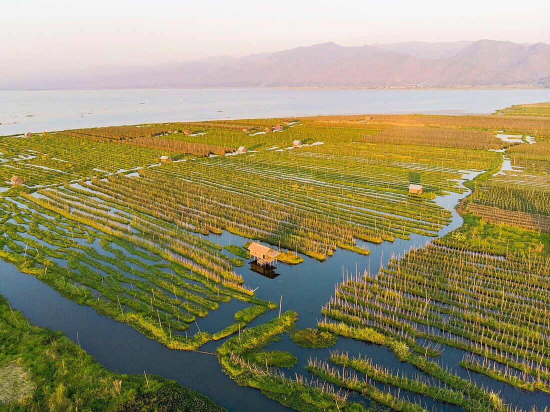 Myanmar (Burma), Shan-Staat, Inle-See, Kela Floating Gardens (Luftaufnahme)