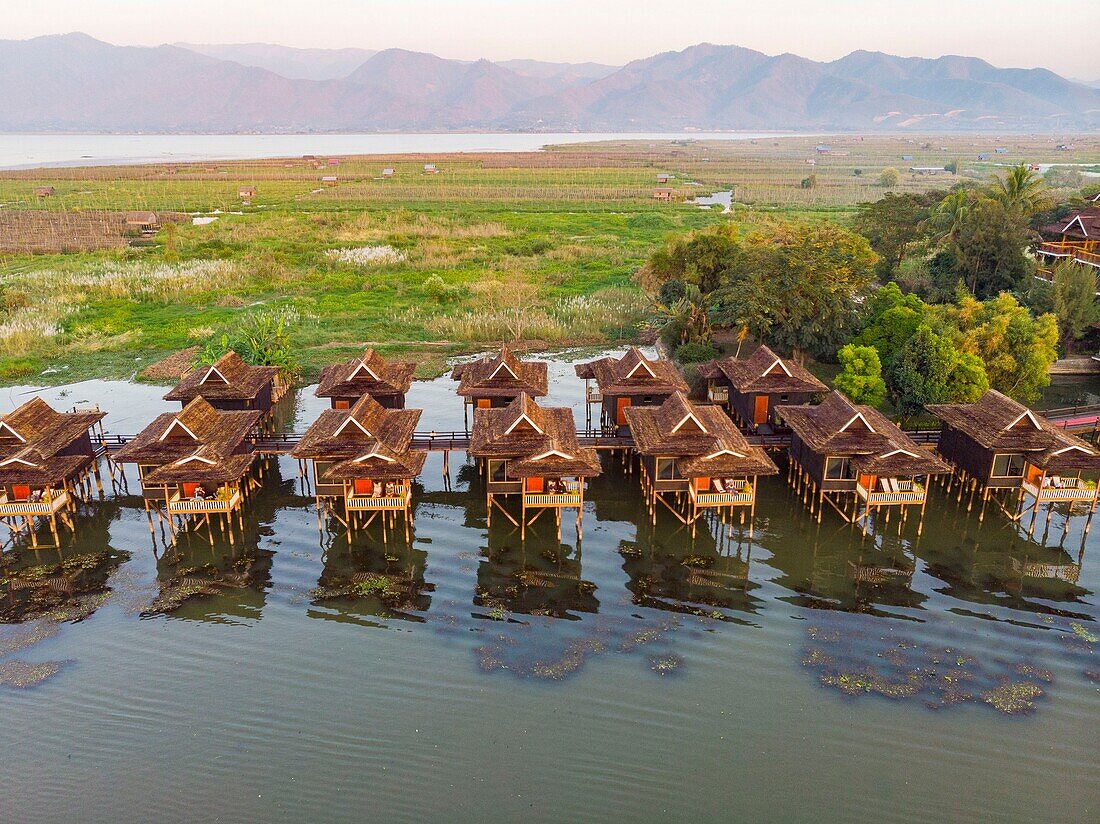 Myanmar (Burma), Shan State, Inle Lake, Kela Floating Gardens, and Paramount Inle Resort Overwater Hotel (aerial view)