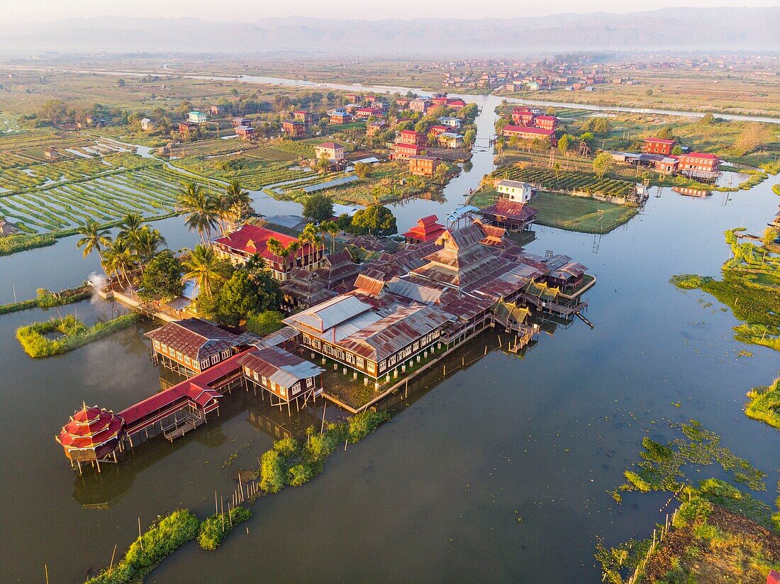 Myanmar (Burma), Shan State, Inle Lake, Kyaung Nga Hpe Monastery or Nga PheChaung (aerial view)