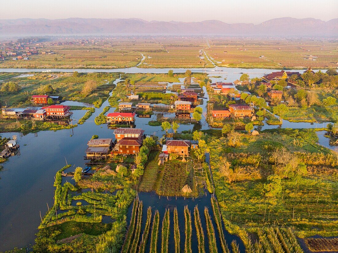 Myanmar (Burma), Shan State, Inle Lake, Kela Floating Gardens (aerial view)