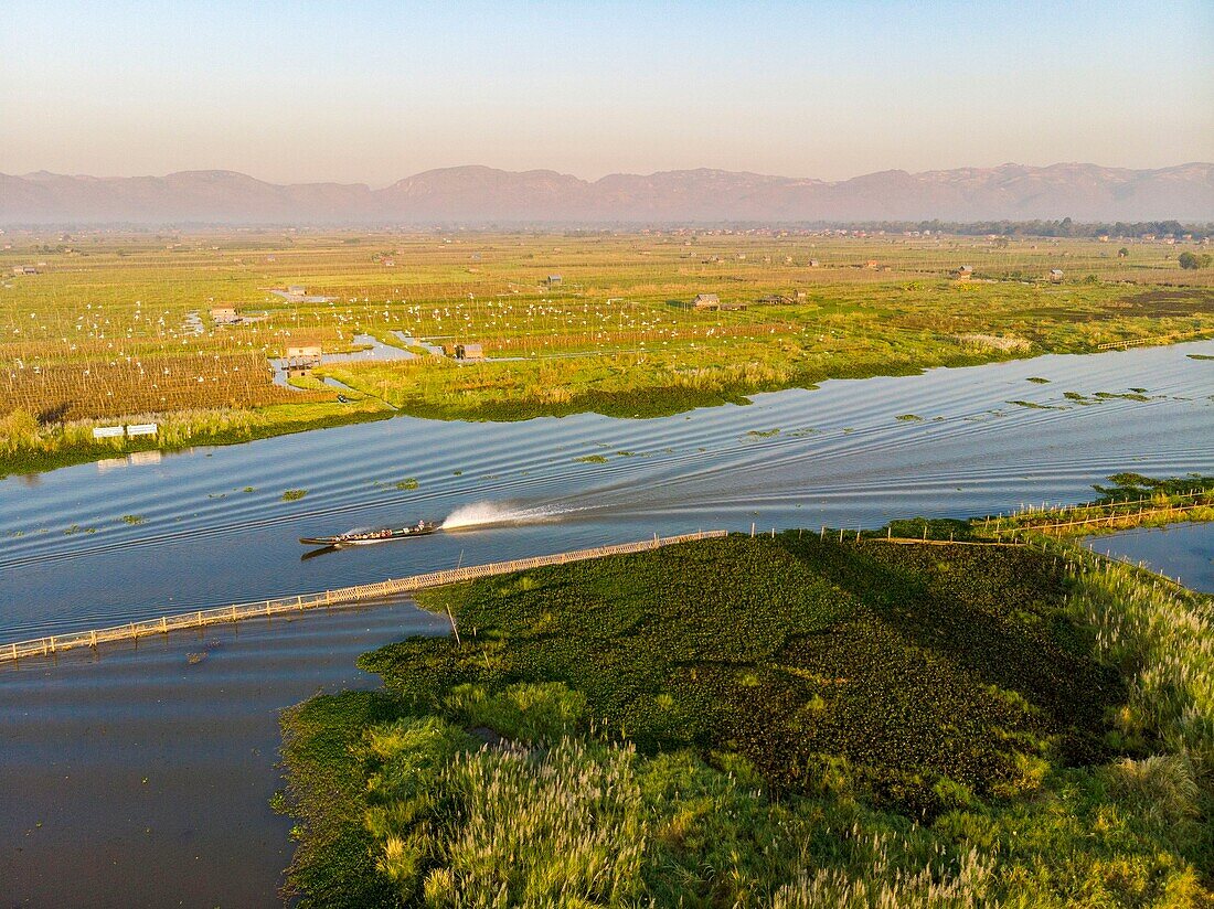 Myanmar (Burma), Shan State, Inle Lake, Kela Floating Gardens (aerial view)