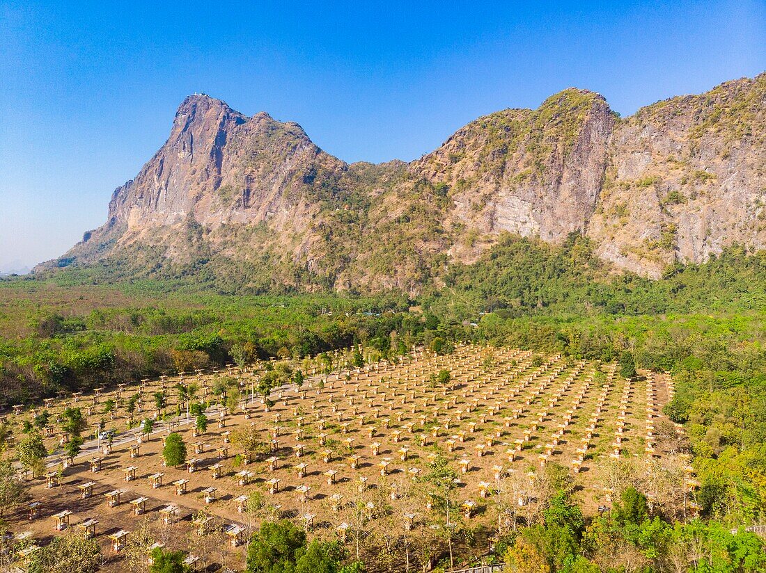 Myanmar (Burma), Karen State, Hpa An, Lumbini Garden of 1100 Buddhas and Mount Zwe Ga Bin (aerial view)