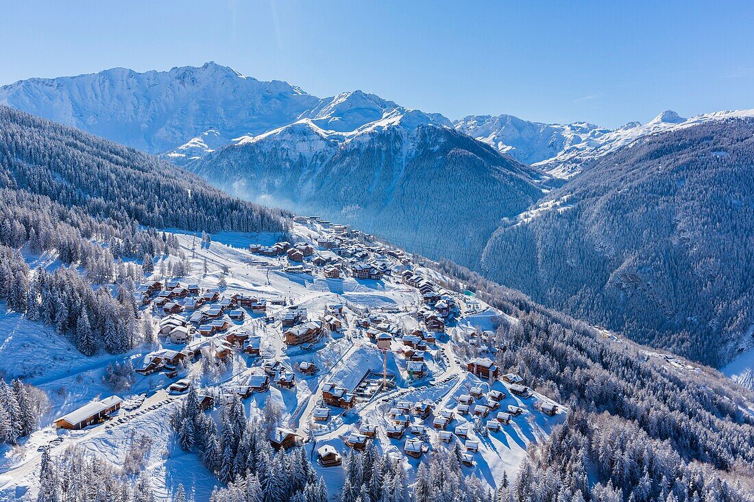 France, Savoie, Vanoise massif, valley of Haute Tarentaise, Peisey-Nancroix, Peisey-Vallandry, part of the Paradiski area, view of the Dome de Bellecote (3381m), (aerial view)