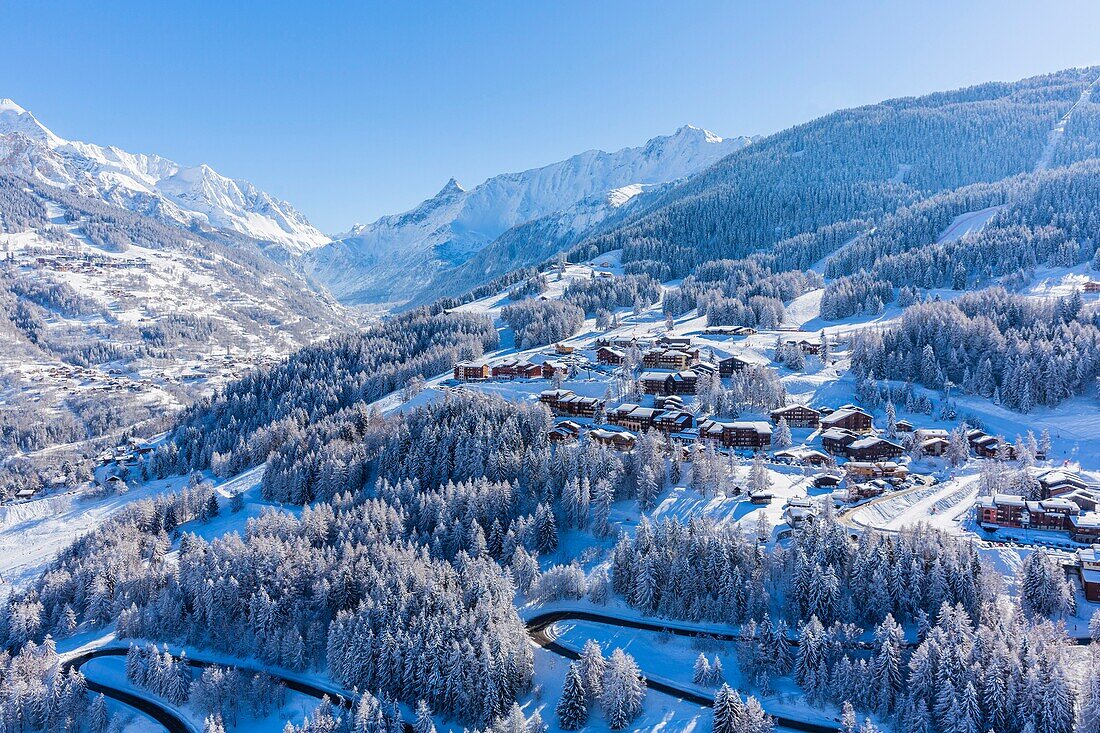 France, Savoie, Vanoise massif, valley of Haute Tarentaise, Montchavin, part of the Paradiski area, view of the Peisey Vallandry ski area, (aerial view)