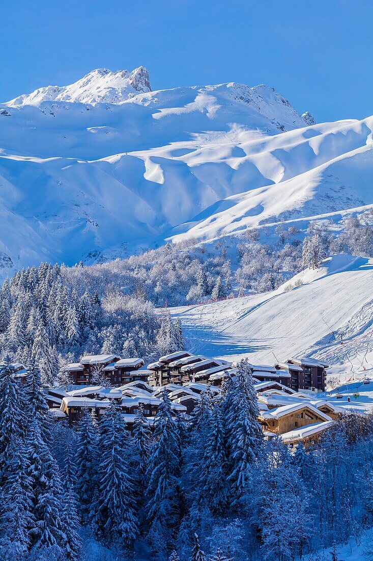 Frankreich, Savoie, Valmorel, Massiv der Vanoise, Tarentaise-Tal, Blick auf den Cheval Noir (2832m)