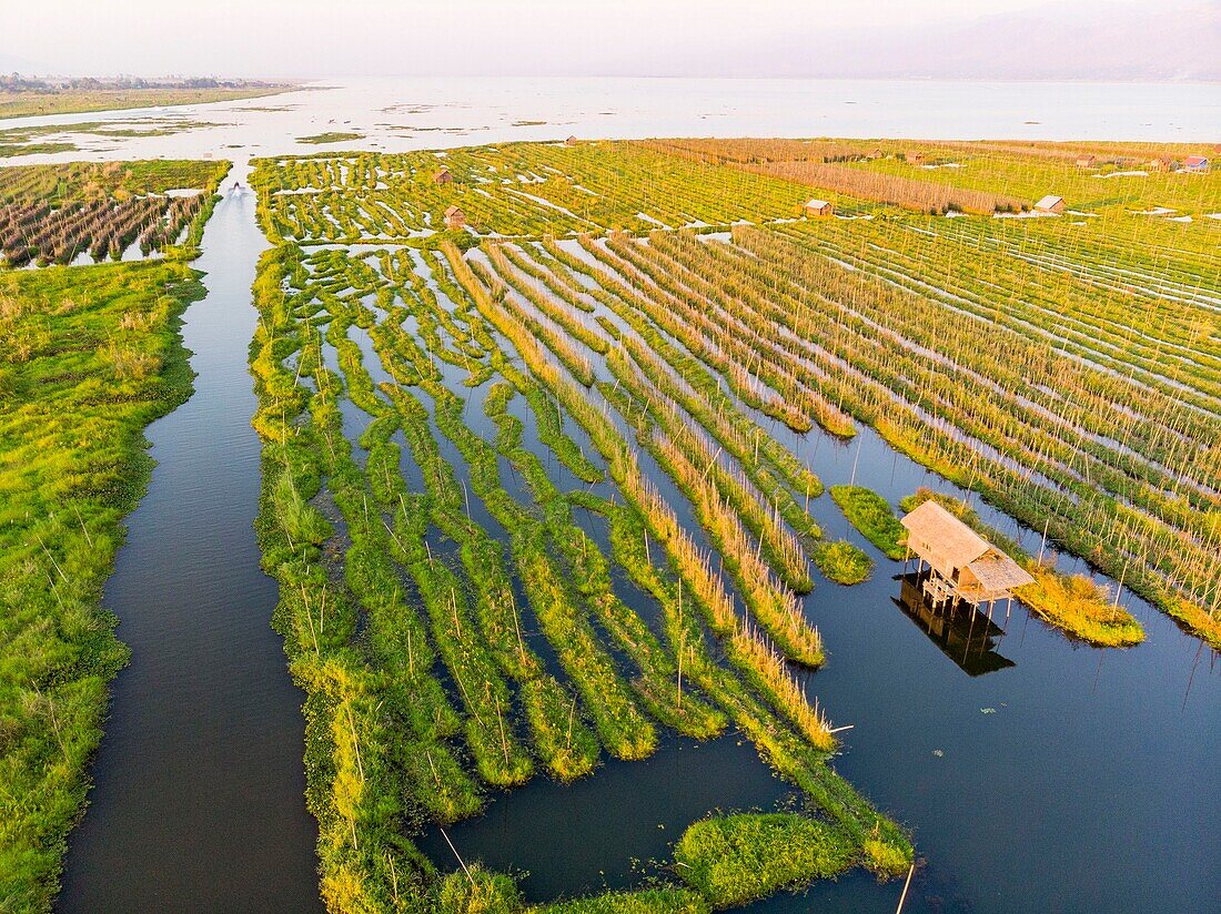 Myanmar (Burma), Shan-Staat, Inle-See, Kela Floating Gardens (Luftaufnahme)