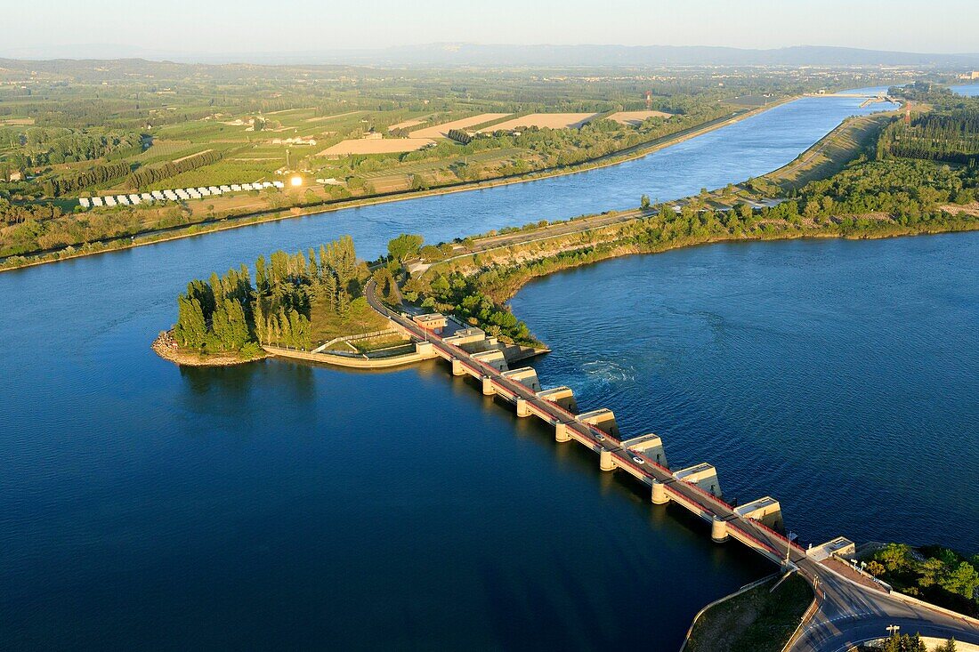 France, Gard, Vallabregues, Dam of Vallabregues on the Rhone (aerial view)