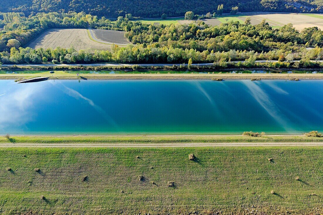 France, Ain, Anglefort, Rhone Canal upstream of Chautagne Power Station (aerial view)