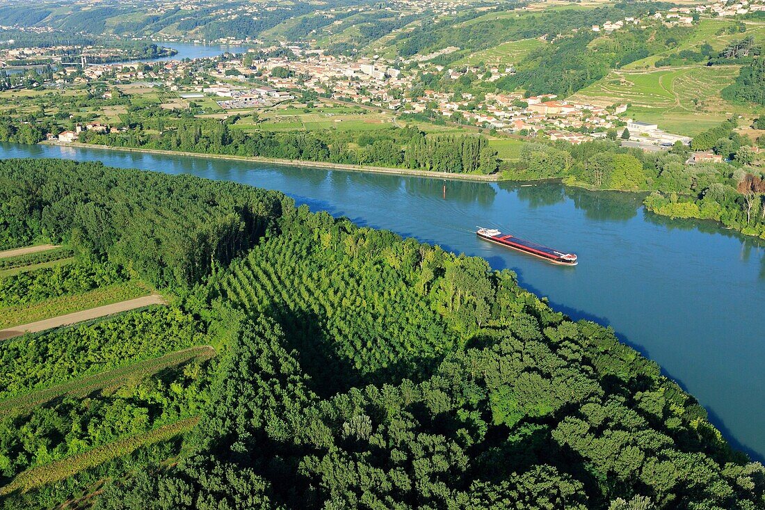 Frankreich, Isere, Chonas L'Amballan, Sensibles Naturgebiet ??Gerbay, Rhone, Condrieu im Hintergrund (Luftaufnahme)