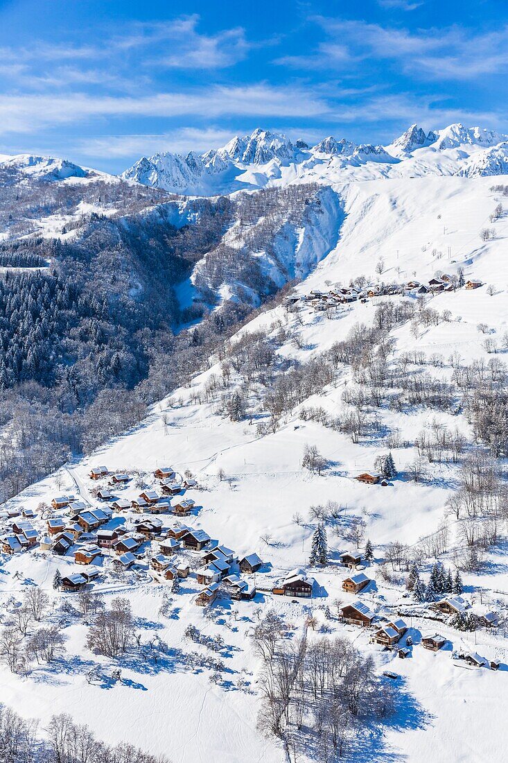 France, Savoie, Les Avanchers with the hamlets of the Villaret and Quarante Planes, Massif of the Vanoise, Tarentaise valley, view of the massif of La Lauziere and the Grand Pic de la Lauziere (2829m), (aerial view)