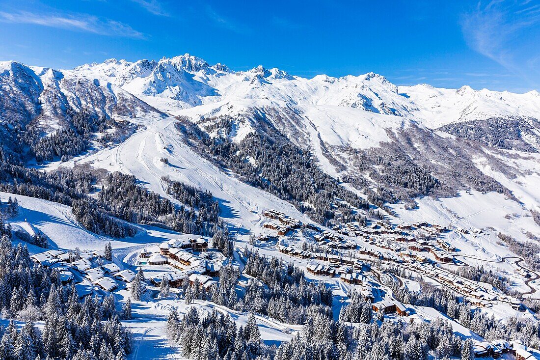 France, Savoie, Valmorel, Massif of the Vanoise, Tarentaise valley, view of the massif of La Lauziere and the Grand pic de la Lauziere (2829m) (aerial view)