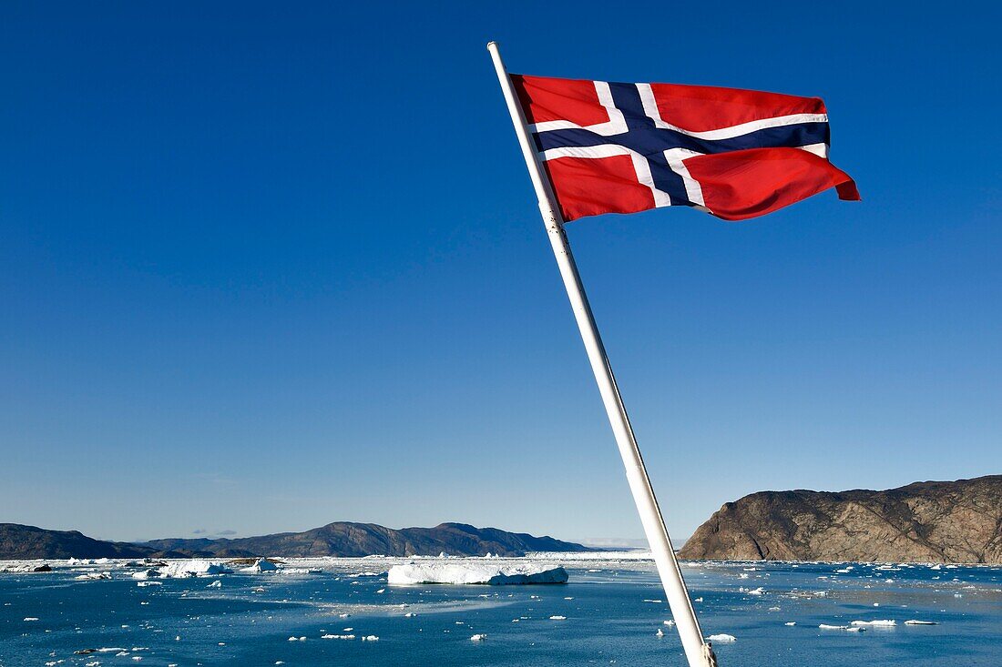 Greenland, west coast, Disko Bay, Quervain Bay, Hurtigruten's MS Fram Cruise Ship Norwegian flag