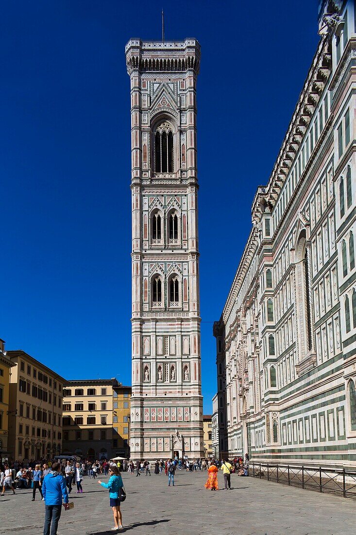 Italy, Tuscany, Florence, historic centre listed as World Heritage by UNESCO, piazza del Duomo, cathedral Santa Maria del Fiore, outside view of the dome, outside view of the campanile