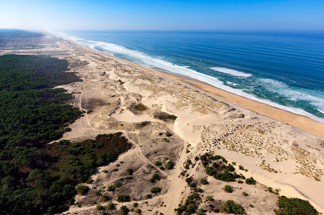 France, Landes, Bassin d'Arcachon, Biscarosse beach (aerial view)