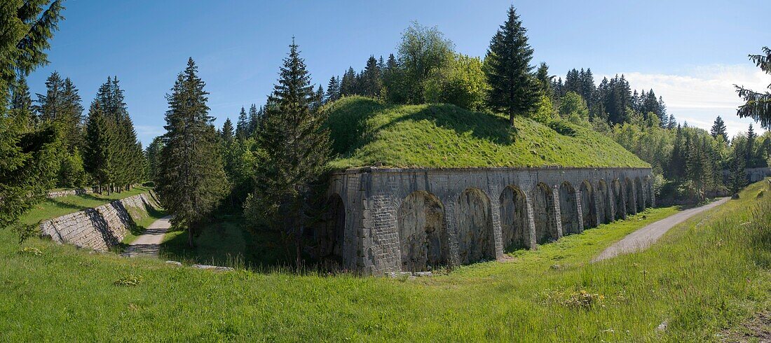 France, Jura, Les Rousses, the former fort is now used as a maturing cellar for cheese Comte, in panoramic view