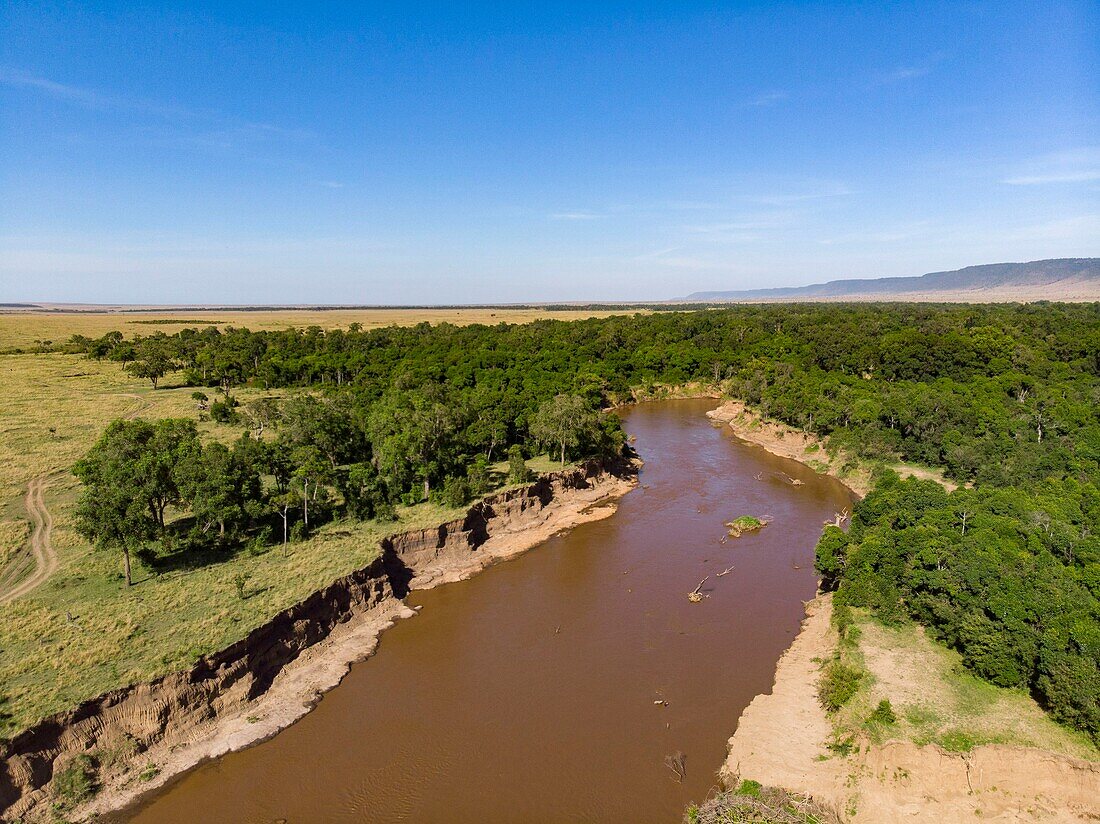 Kenia, Masai Mara Wildreservat, Mara-Fluss aus einer Drohne