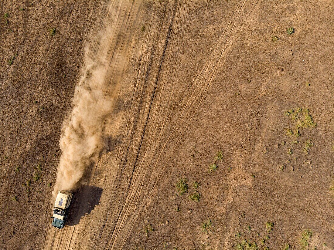 Kenya, lake Magadi, Michel Denis Huot's vehicle (aerial view)