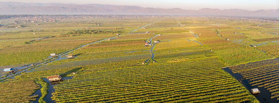 Myanmar (Burma), Shan State, Inle Lake, Kela Floating Gardens (aerial view)