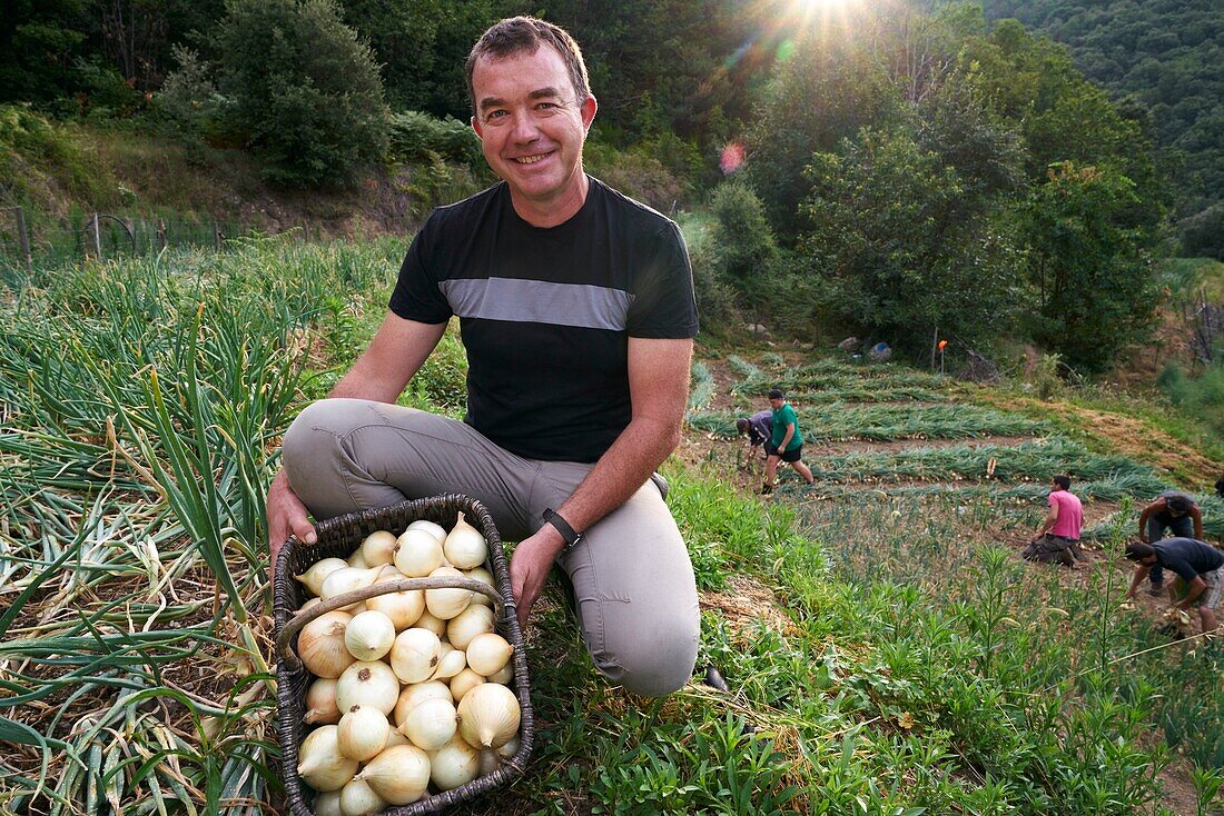 France, Gard, Sumene, hamlet of Sanissas, establishment Fesquet, producer of onions of the Cevennes, labeled AOC and AOP, portrait of Richard Fesquet, producer and president of the Association of the defense of the sweet onions of the Cevennes