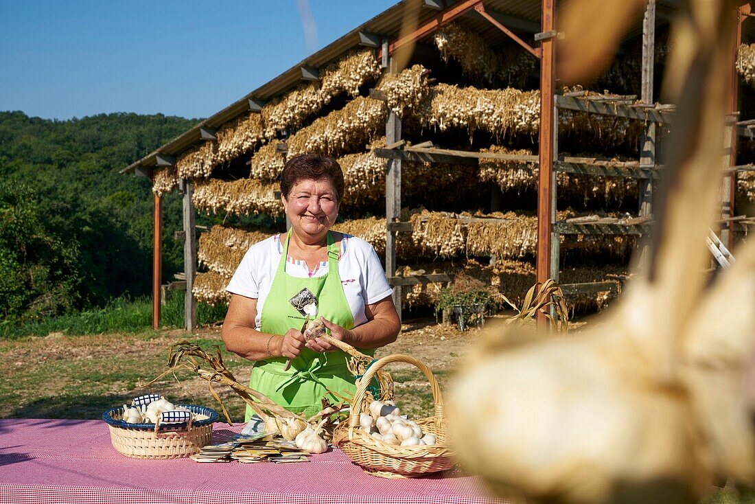 France, Gers, Casteron, portrait of Christiane Pieters, White Garlic Producer and President of the Lomagne White Garlic Defense Association