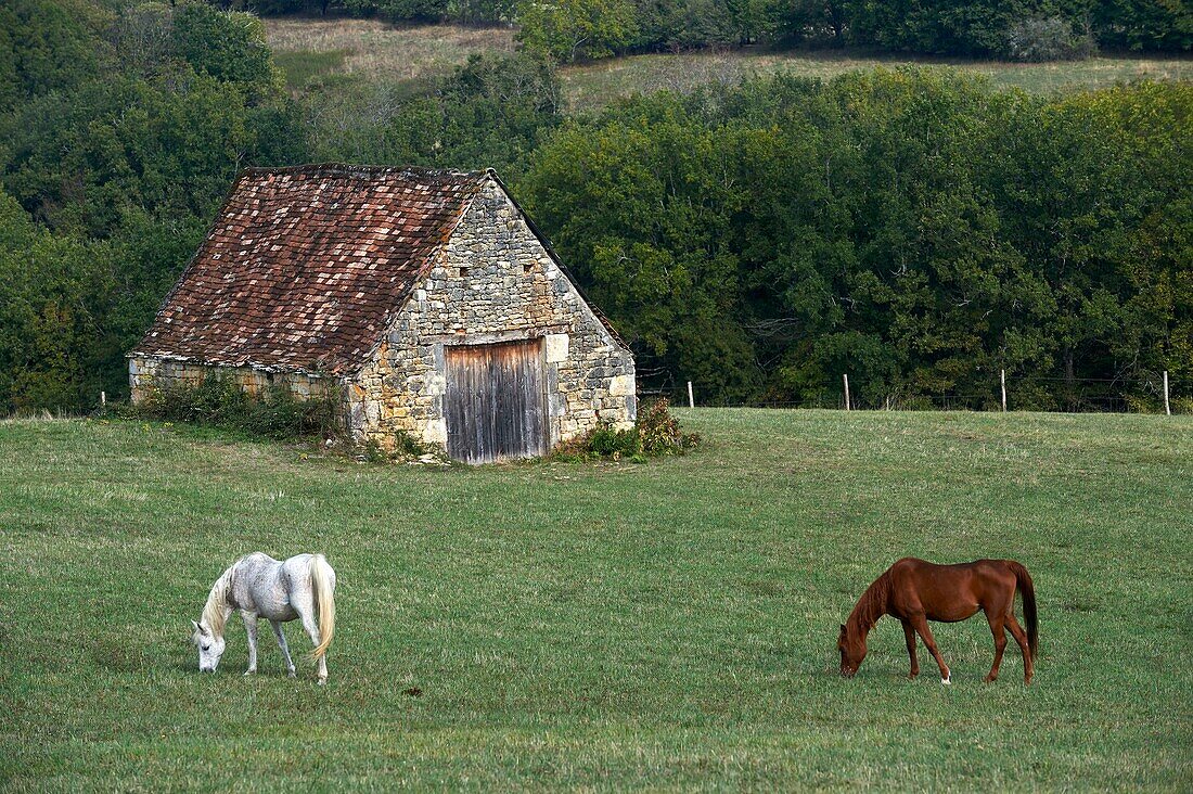 Frankreich, Lot, Masclat, Landschaft des Lot in Richtung des Dorfes Masclat