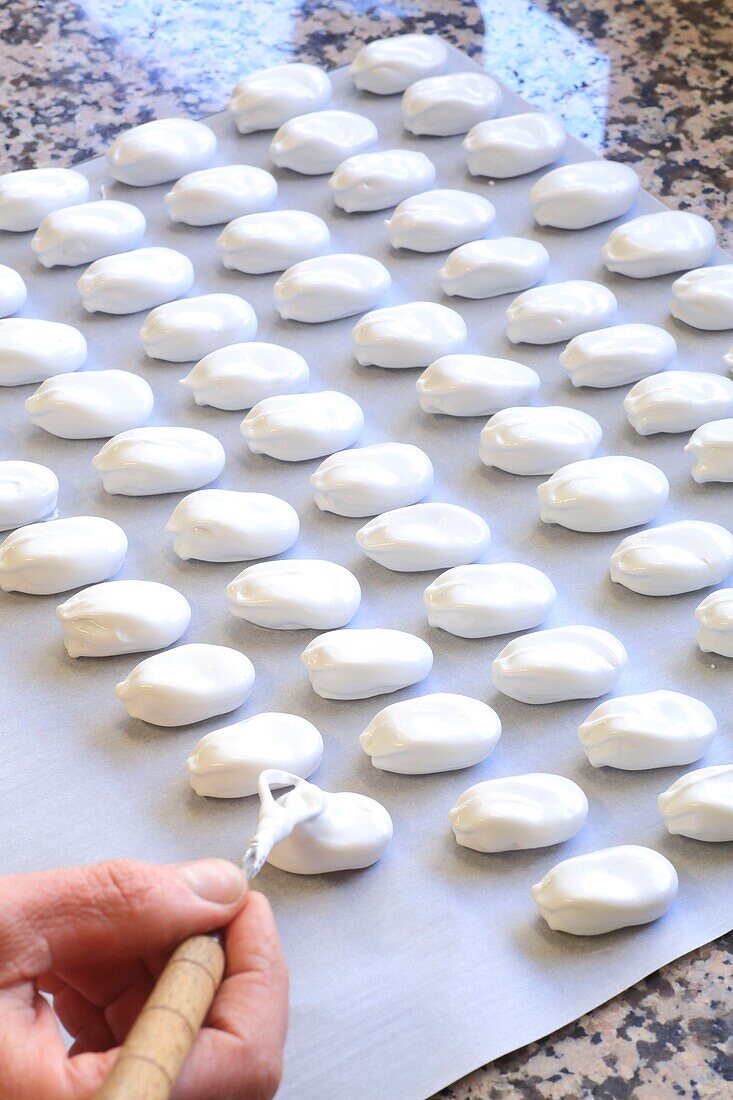 France, Hautes Pyrenees, Lannemezan plateau, Barthe de Neste, Flocons Pyreneens chocolatier, making flakes (praline almonds, dark chocolate hazelnuts, coated with a thin layer of meringue)