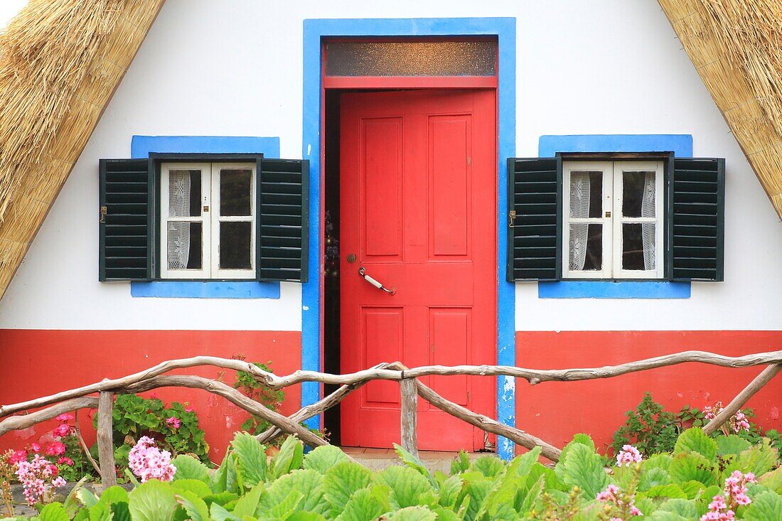 Portugal, Madeira Island, Santana, UNESCO Biosphere Reserve, typical thatched roof house