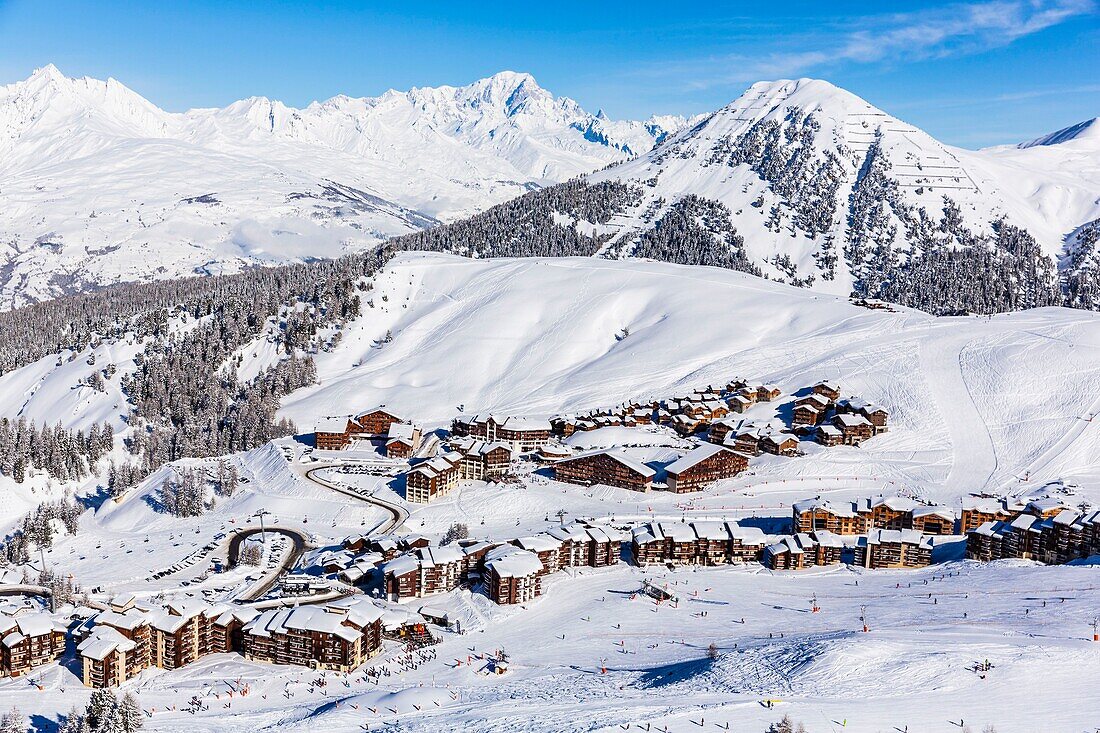 France, Savoie, Vanoise massif, valley of Haute Tarentaise, La Plagne, part of the Paradiski area, view of the Mont Blanc (4810m)(aerial view)