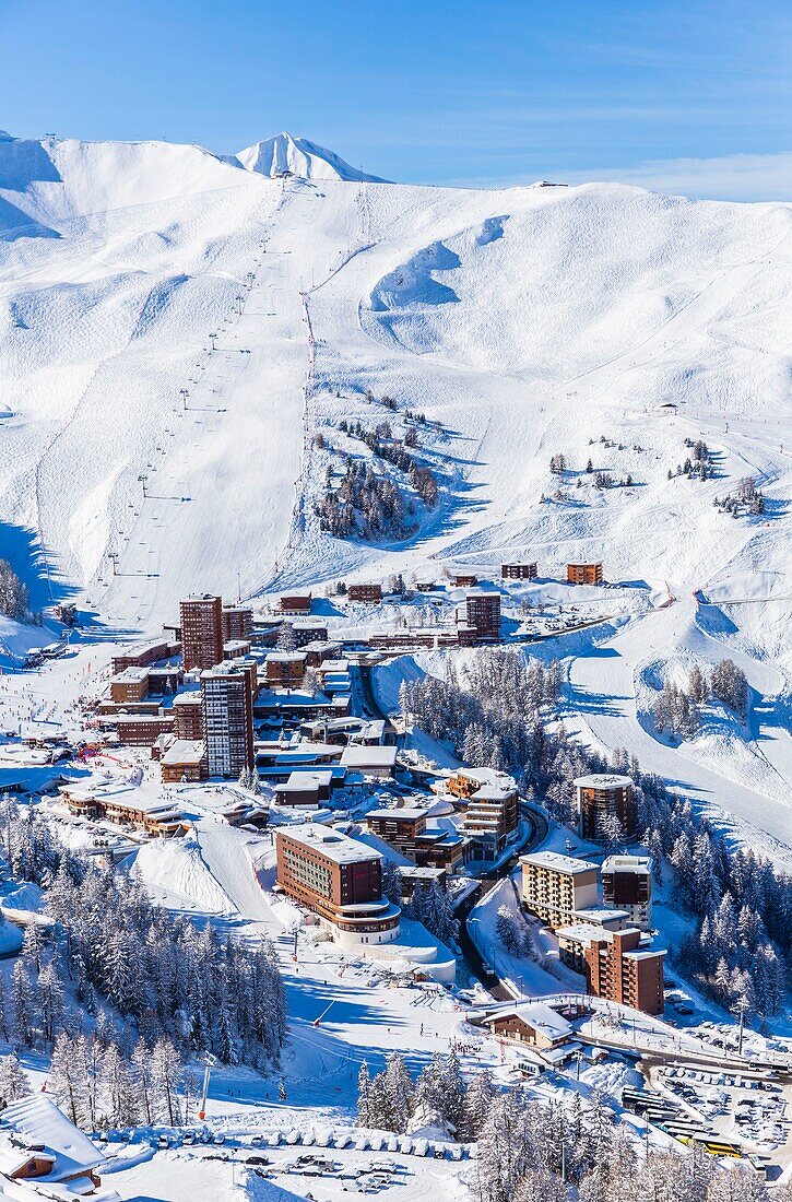 France, Savoie, Vanoise massif, valley of Haute Tarentaise, La Plagne, part of the Paradiski area, view of Plagne Centre, (aerial view)