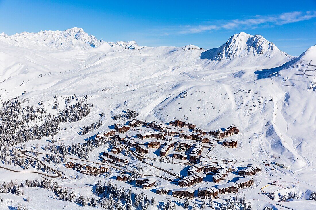 France, Savoie, Vanoise massif, valley of Haute Tarentaise, La Plagne, part of the Paradiski area, view of Belle Plagne and the Mont Blanc (4810m), (aerial view)