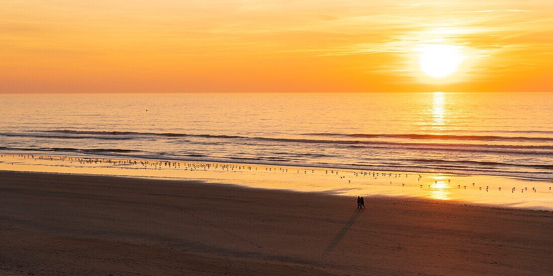 Frankreich, Somme, Bucht von Somme, Quend Plage, Strand in der Abenddämmerung, Spaziergänger