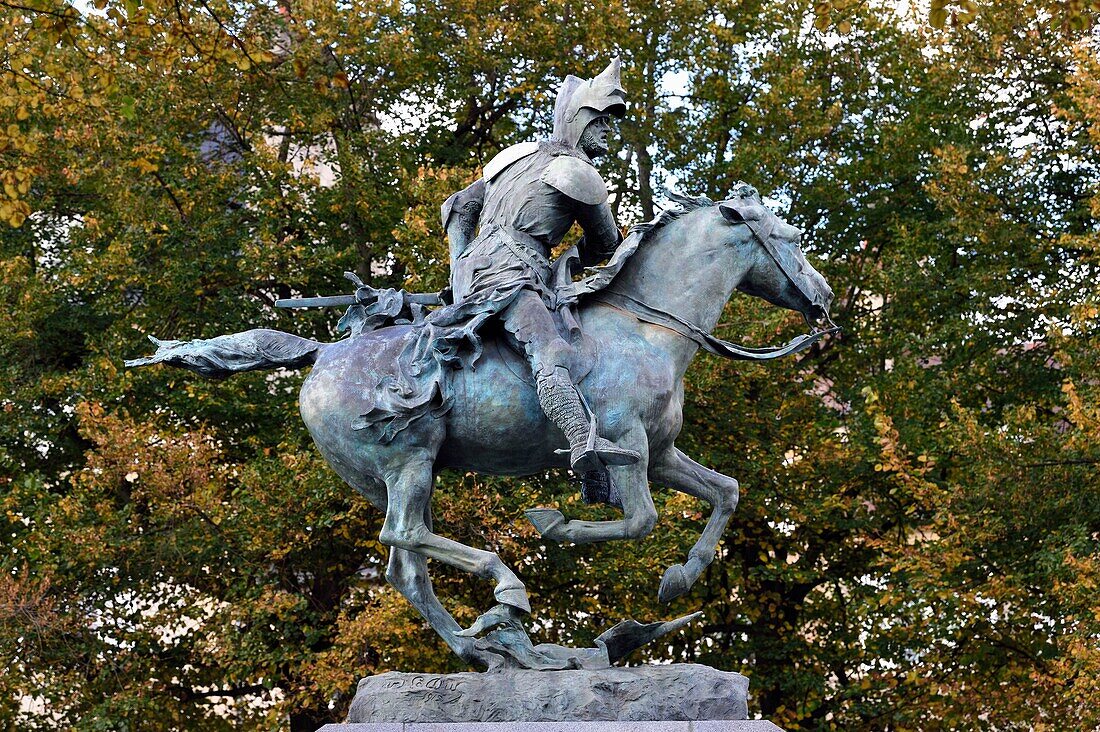 France, Calvados, Caen, equestrian statue of Bertrand du Guesclin place Saint-Martin by Arthur Le Duc