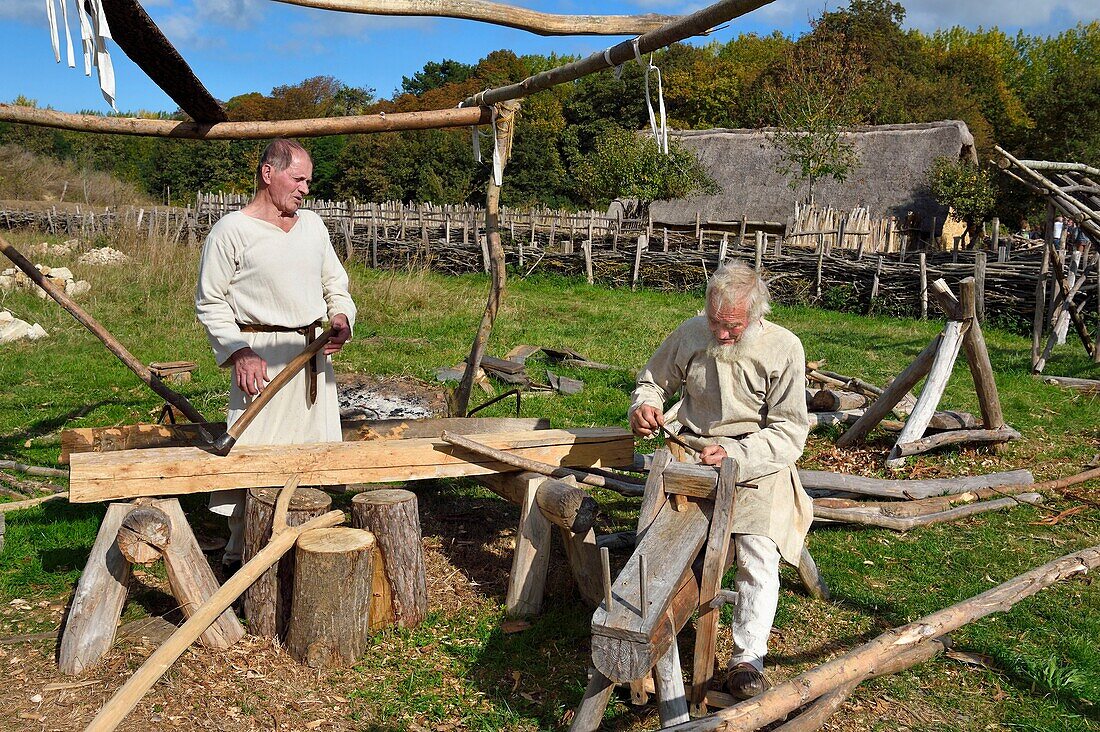 Frankreich, Calvados, Herouville Saint Clair, Domaine de Beauregard, Historischer Park Ornavik, Rekonstruktion eines karolingischen Dorfes mit seinen Handwerkern und Bauern, Zimmerleuten